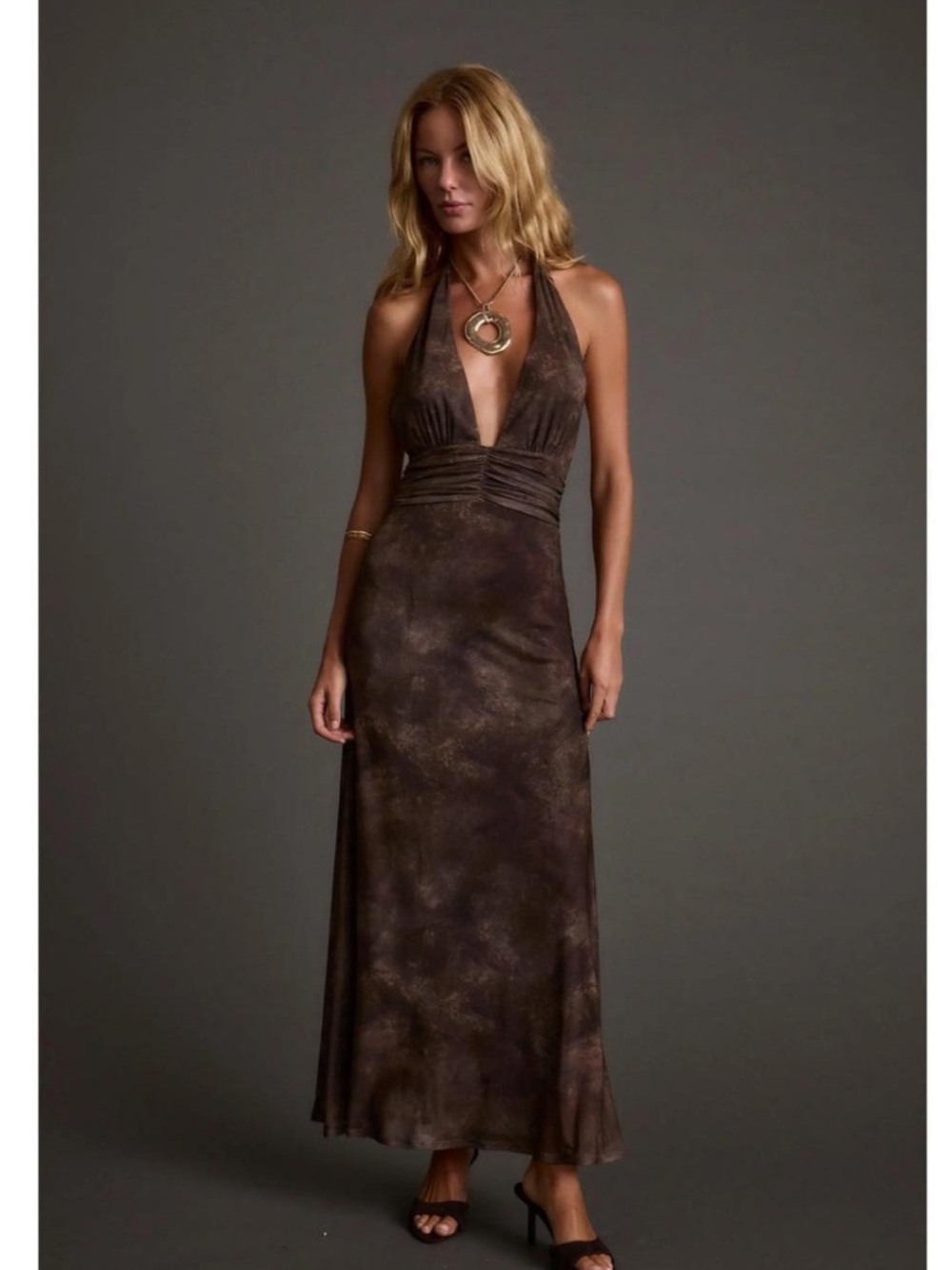 12th Tribe Brown Metallic Halter Maxi Dress
